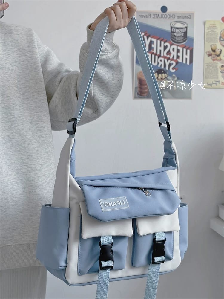 Blue and White Shoulder Bag - AM01405MB Trendy messenger bag with multiple pockets